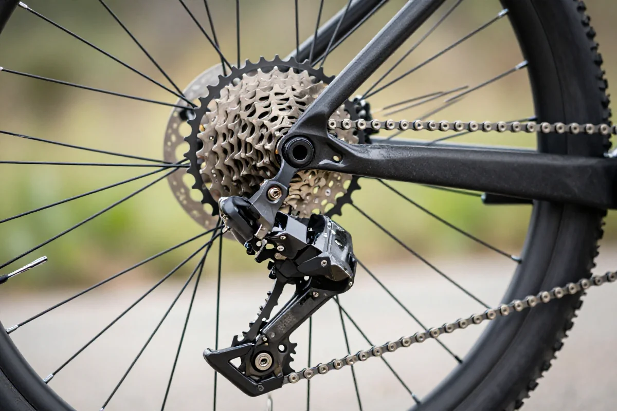 Szczegóły przerzutki tylnej i kasety w rowerze MTB