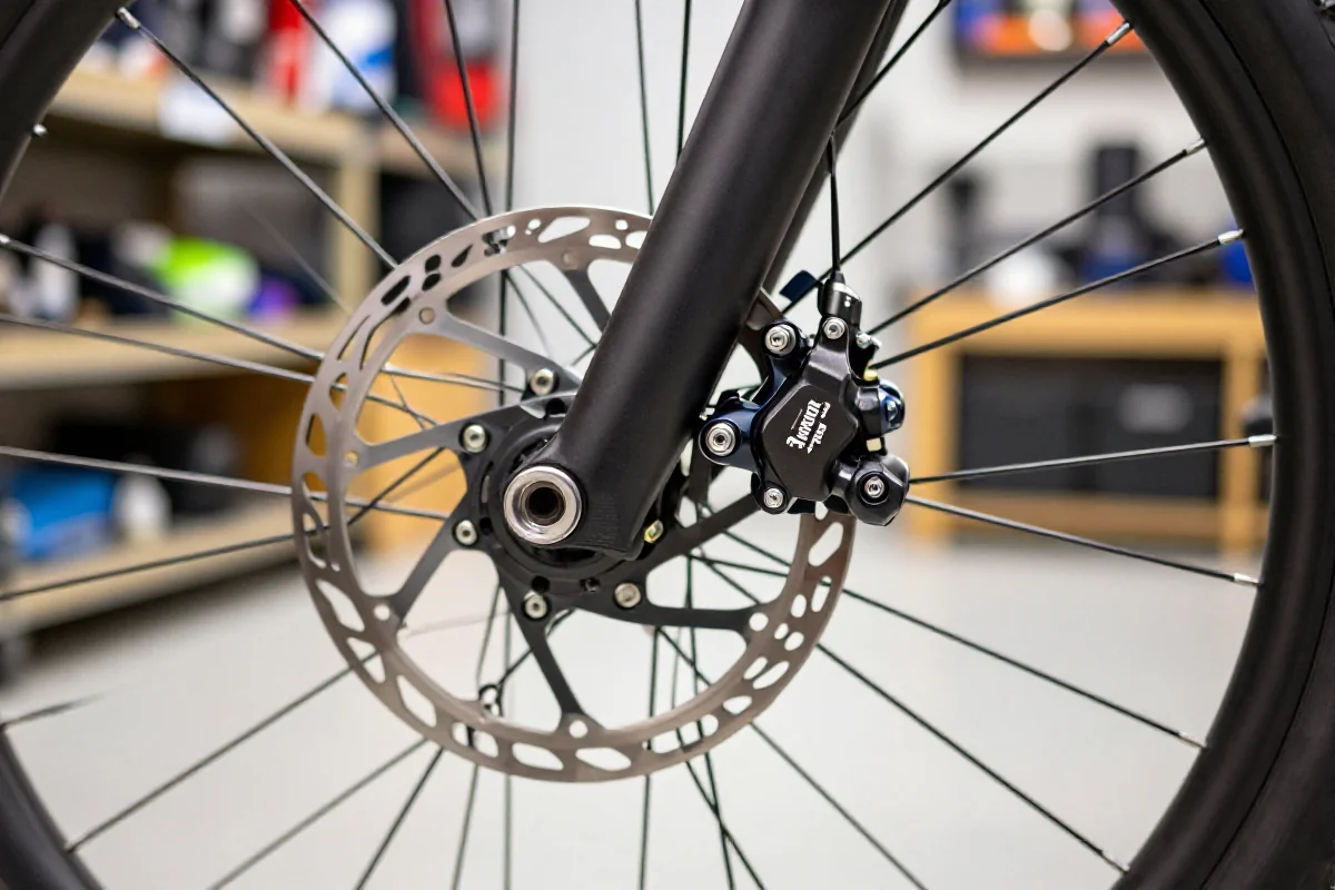 Szczegóły hamulców tarczowych w rowerze górskim w warsztacie