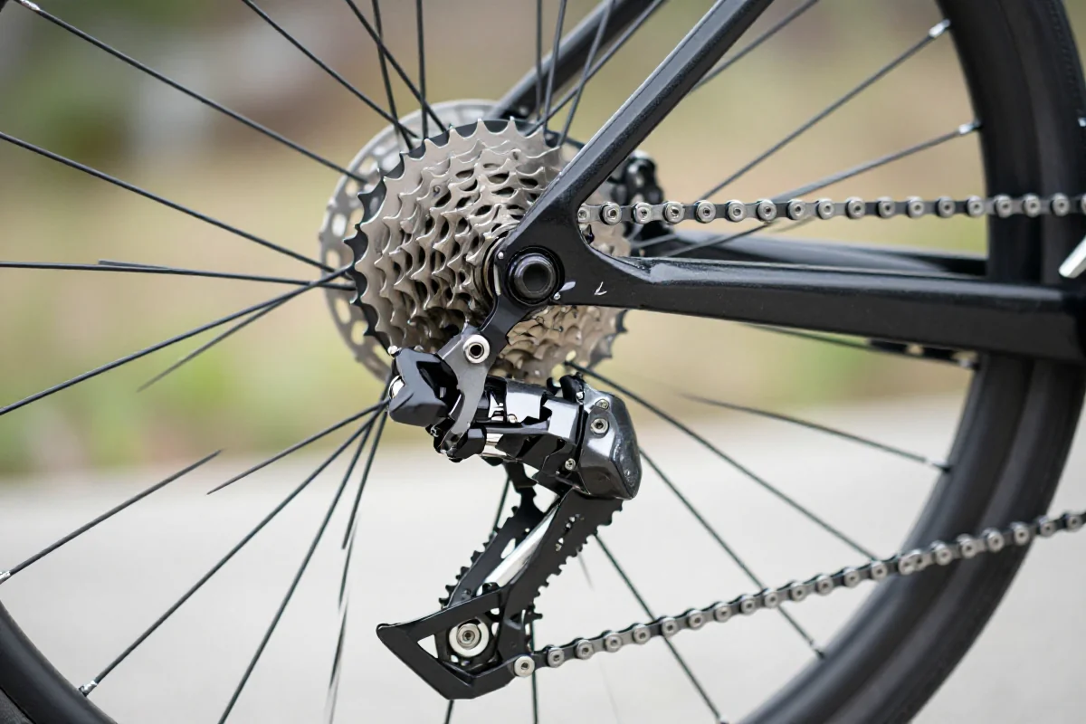 Szczegóły przerzutki tylnej i kasety w rowerze miejskim