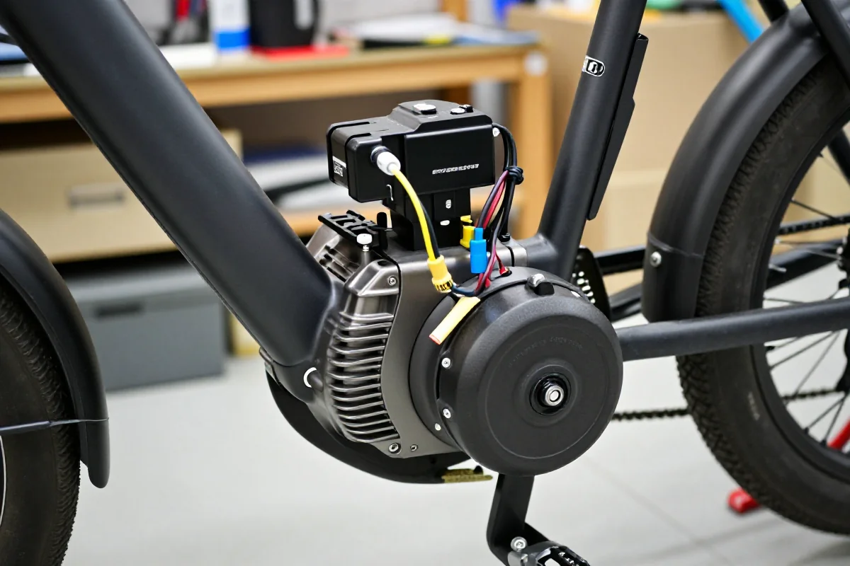 Zbliżenie na silnik elektryczny roweru i kontroler, ukazujące zaawansowane komponenty.