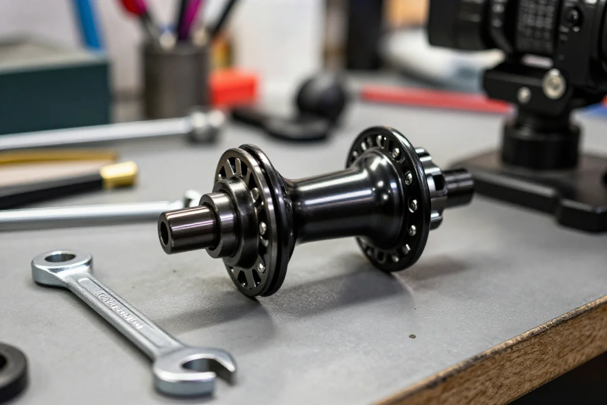 Regulacja piasty kół szosowych w warsztacie rowerowym.