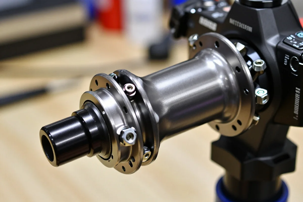 Regulacja piast roweru górskiego z łożyskami stożkowymi w warsztacie.