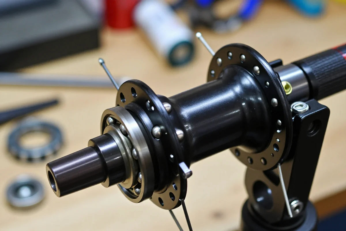 Zbliżenie na piastę stożkową roweru górskiego z detalami komponentów.