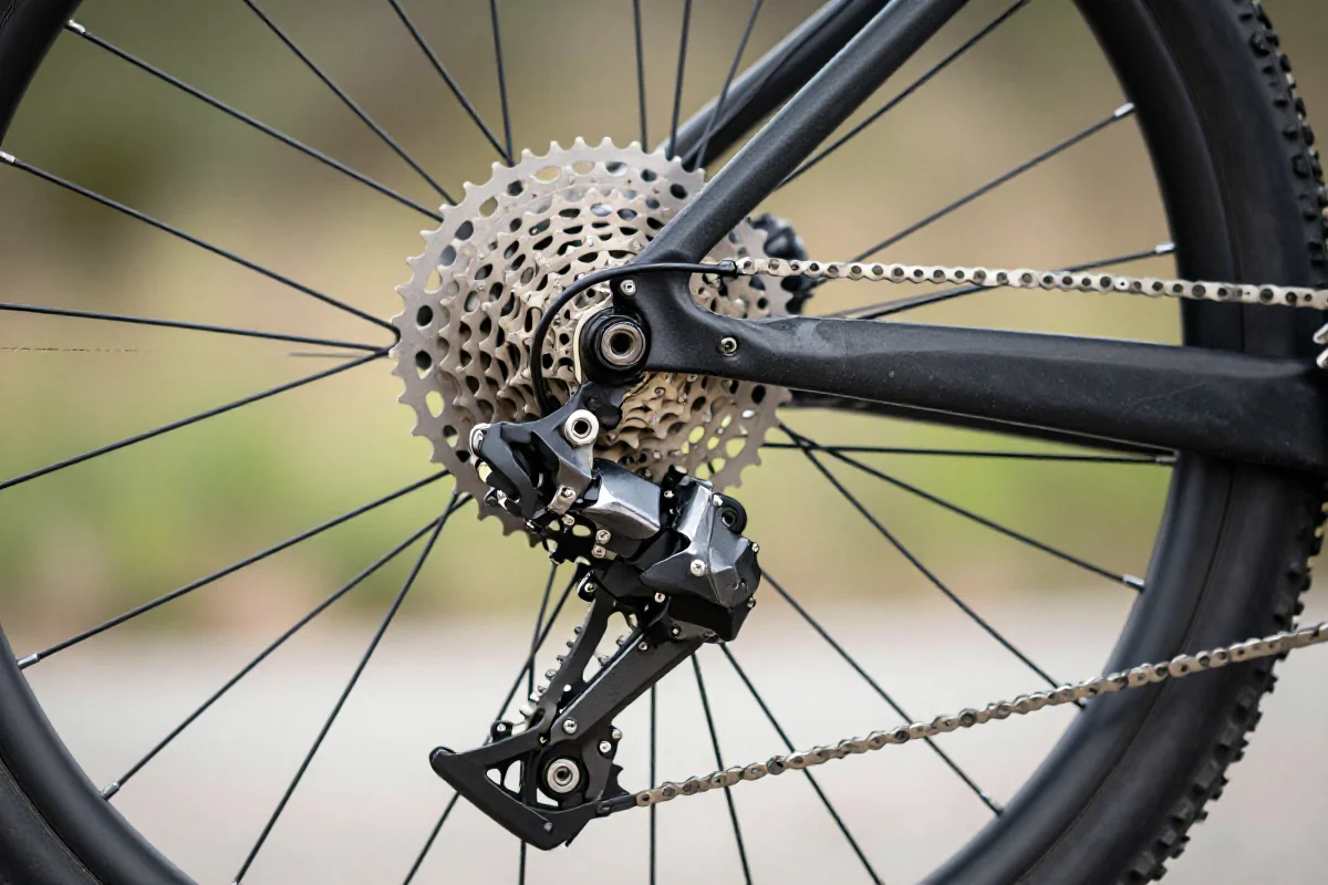 Regulacja przerzutek w rowerze górskim - szczegóły przerzutki i kasety.