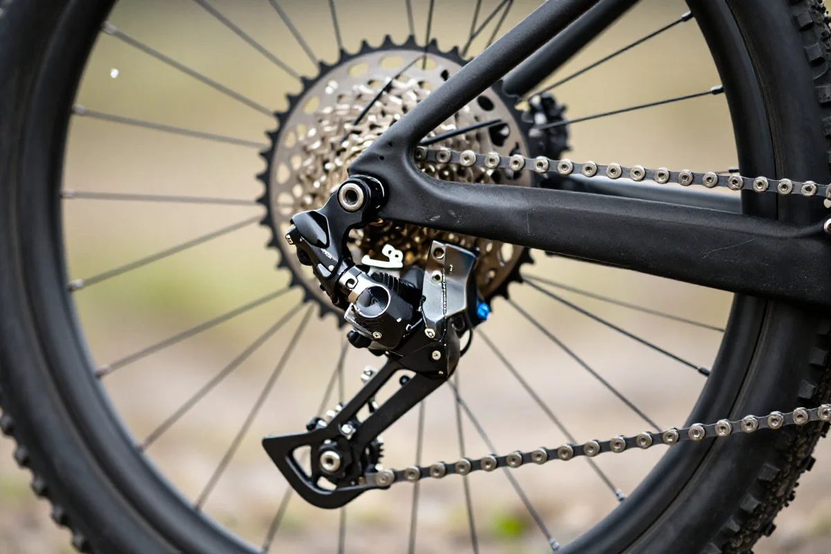 Regulacja przerzutki przedniej MTB, bliskie ujęcie detali. Przerzutka i zębatki roweru.