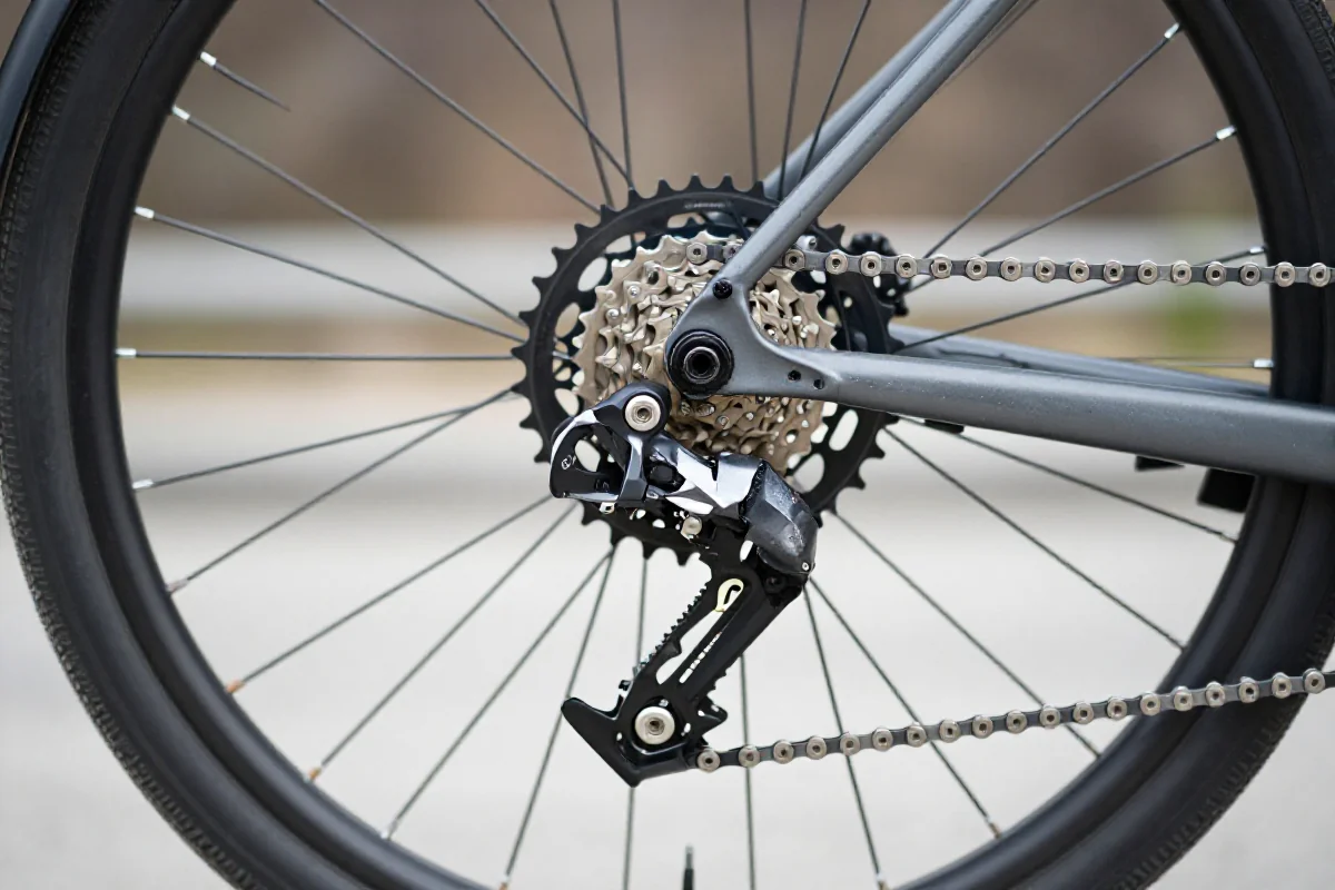 Zbliżenie na przerzutkę przednią roweru miejskiego, pokazujące regulację wysokości.