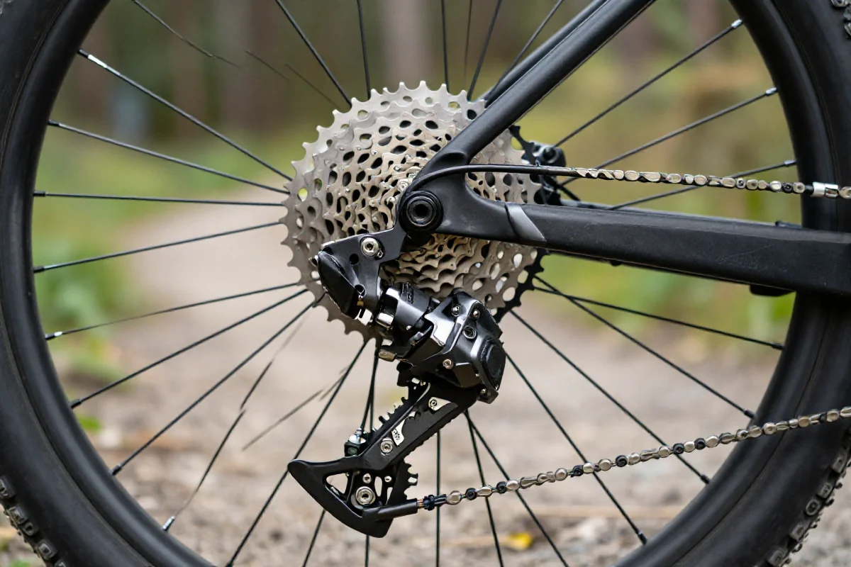 Zbliżenie na przerzutkę Shimano XT w rowerze górskim na tle leśnej ścieżki.