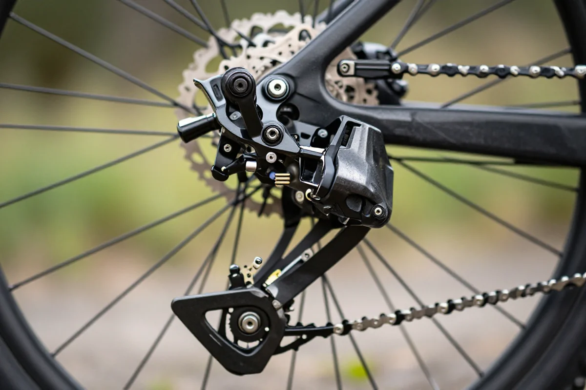 Regulacja przerzutki tylnej MTB z widocznymi elementami technicznymi i śrubami.