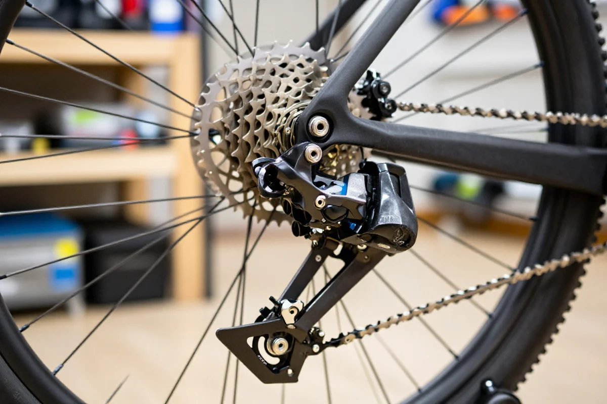 Blisko zdjęcie tylnej przerzutki z clutchem w warsztacie rowerowym.