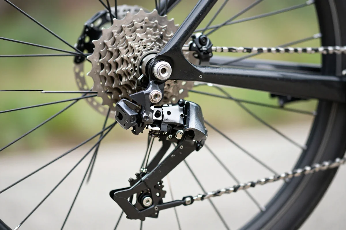 Zbliżenie tylnej przerzutki rowerowej z widocznymi szczegółami i zębatkami.