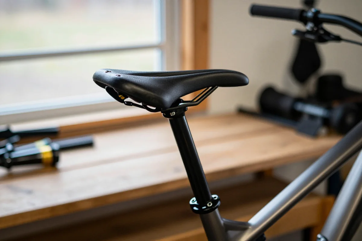 Szczegółowy widok siodła MTB i mechanizmu regulacji wysokości siodła