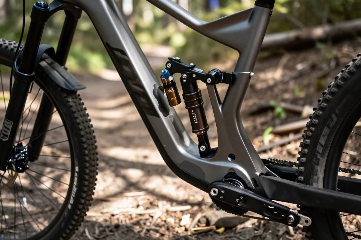 Zawieszenie roweru górskiego z regulowanymi komponentami i ustawieniami SAG.