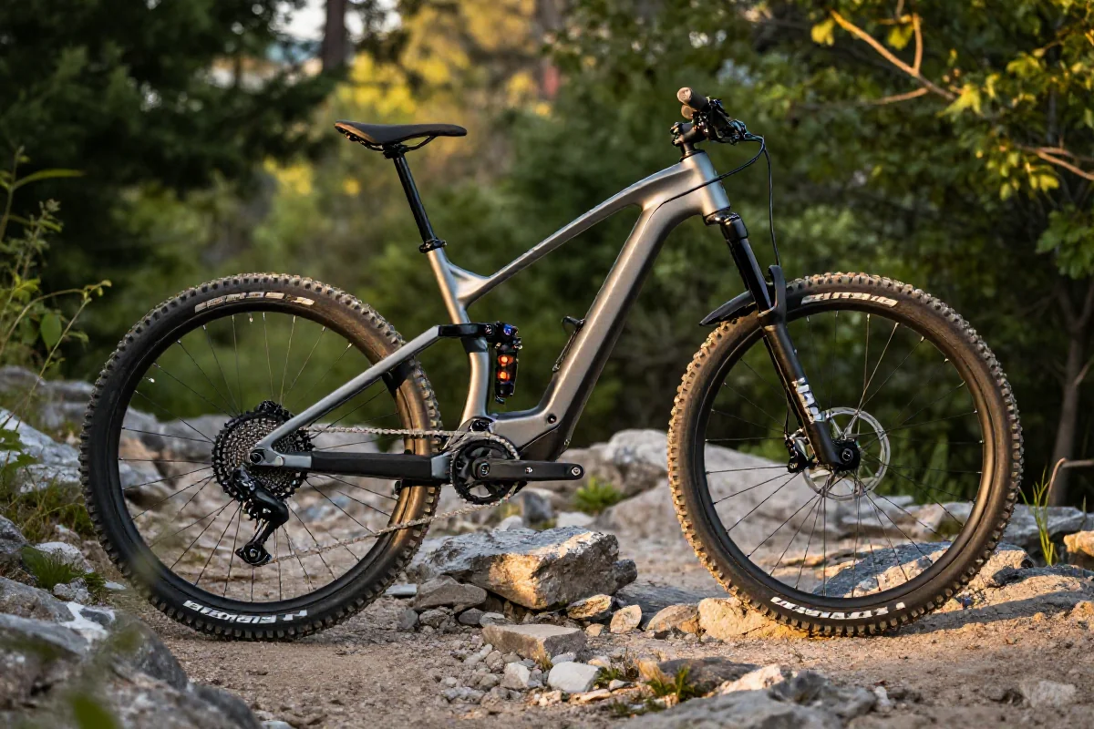 Nowoczesny rower górski E-MTB na leśnym szlaku, z widocznymi komponentami.