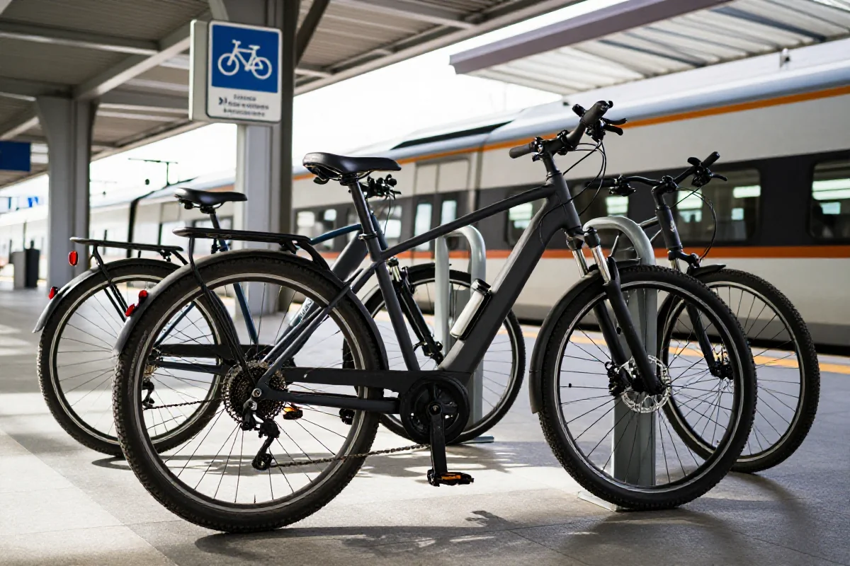 Różne rowery, w tym elektryczny, na stacji kolejowej w Polsce.