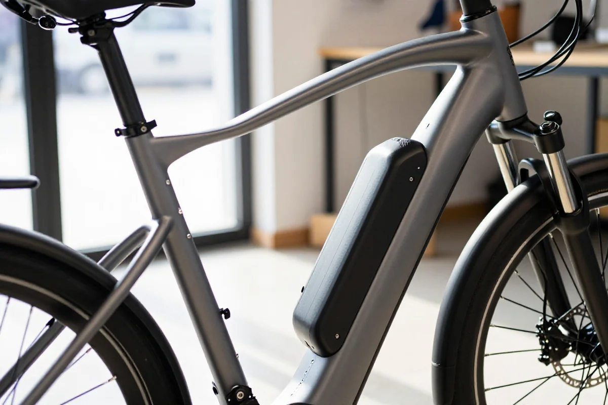 Szczegóły elektrycznego roweru w warsztacie, ukazujące jego komponenty.