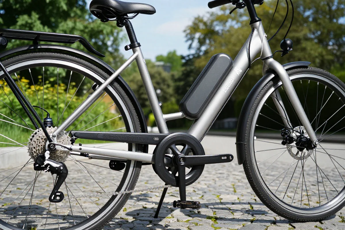 E-bike L1e na ulicy, szczegóły elektrycznego napędu i komponentów.