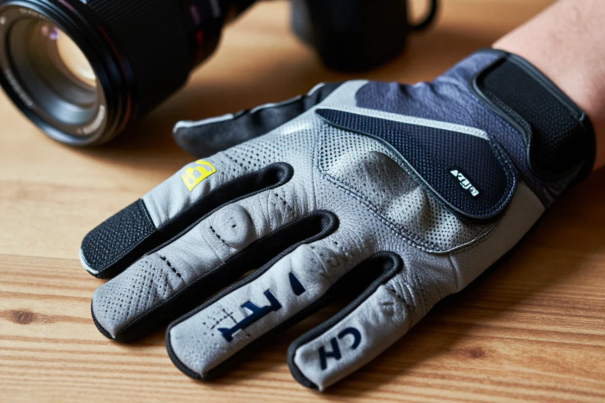 Rękawice kolarskie na drewnianym blacie, idealne dla rowerzystów.