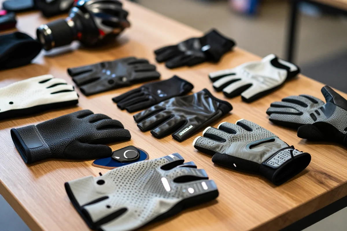 Różne rękawice rowerowe na drewnianym stole, prezentujące typologię i funkcje.