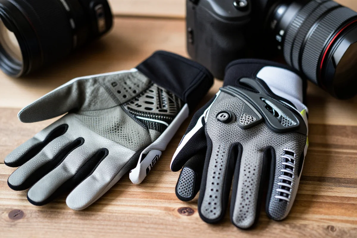 Rękawiczki letnie MTB - Half Finger i Full Finger na drewnianej powierzchni.