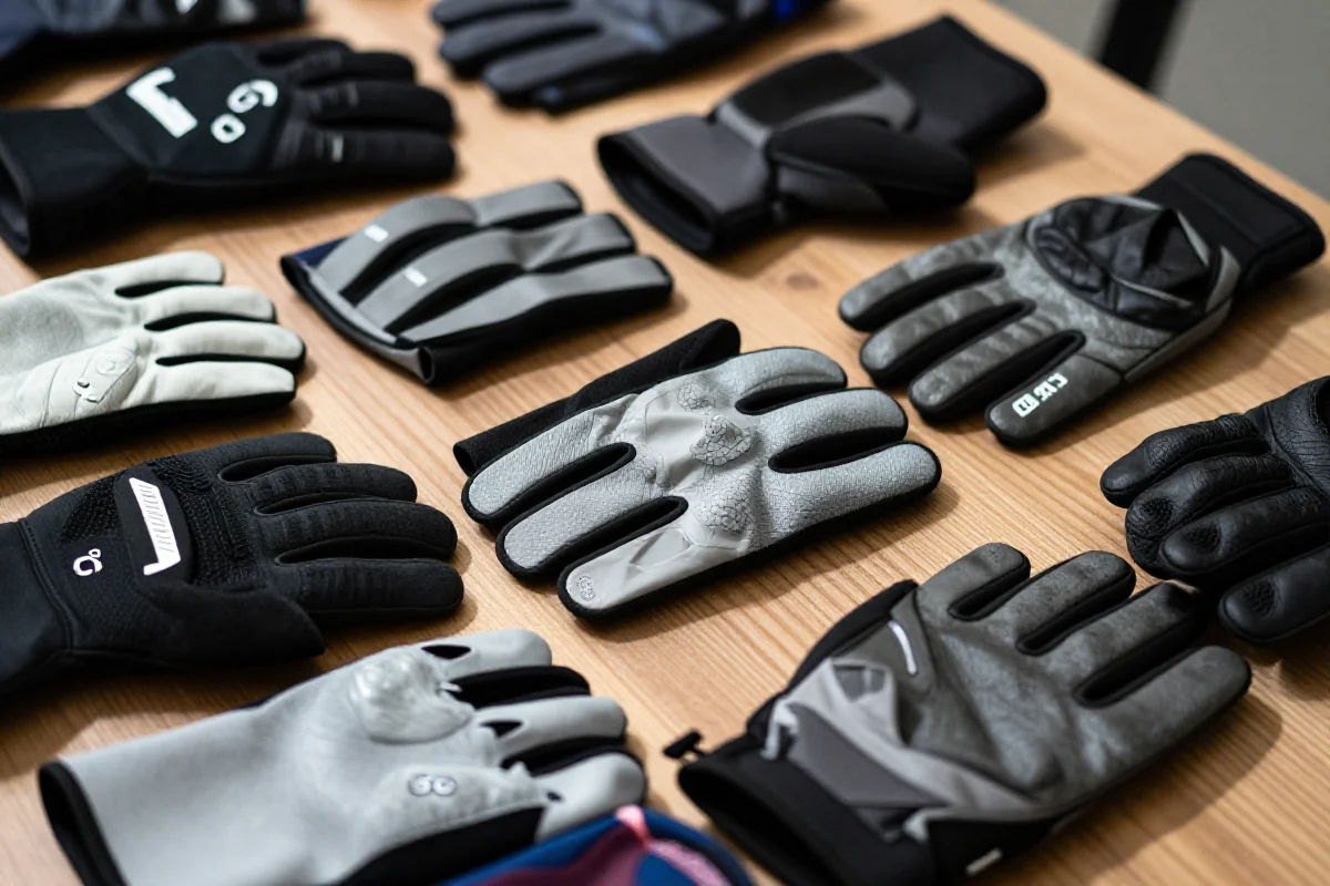 Różne rękawiczki MTB na drewnianej powierzchni, idealne do jazdy w zimie.