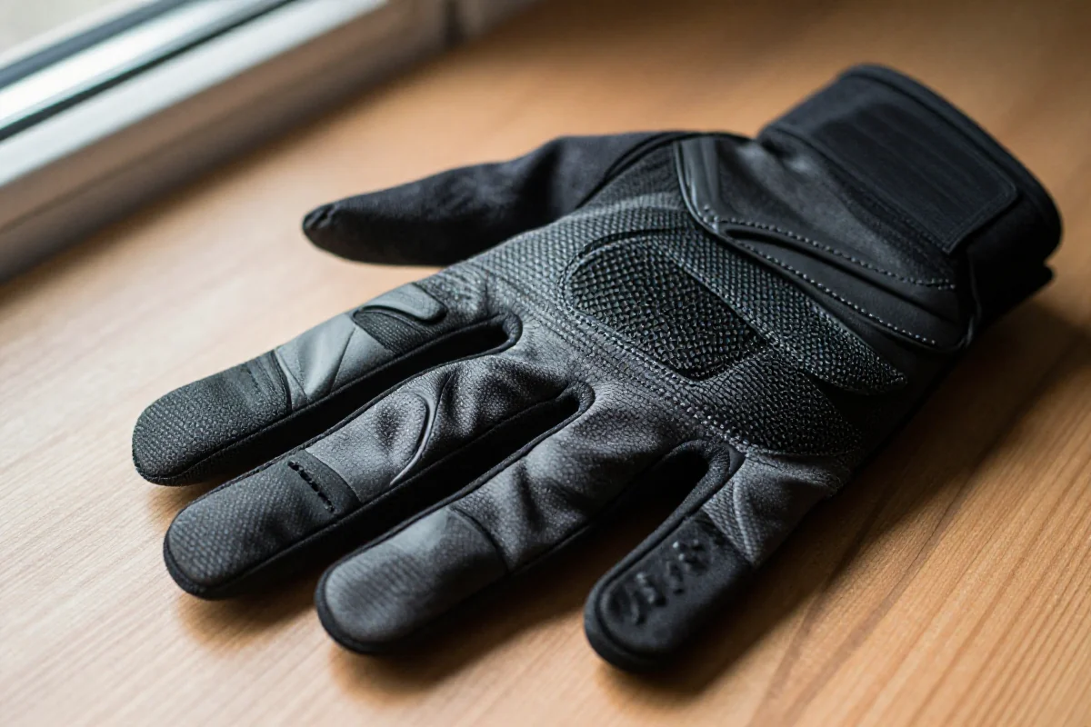 Rękawiczki MTB na drewnianej powierzchni, pokazujące szczegóły i tekstury.