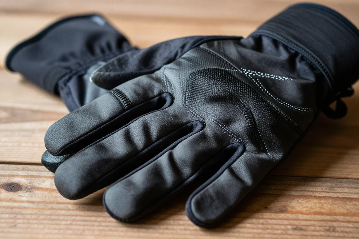 Rękawiczki zimowe MTB na drewnianej powierzchni, podkreślające ich izolację i elastyczność.