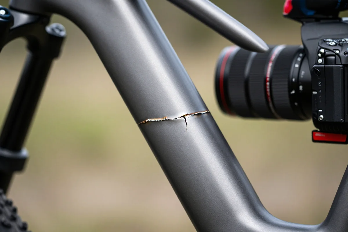 Pęknięta rama roweru górskiego w terenie, szczegóły uszkodzenia ramy.