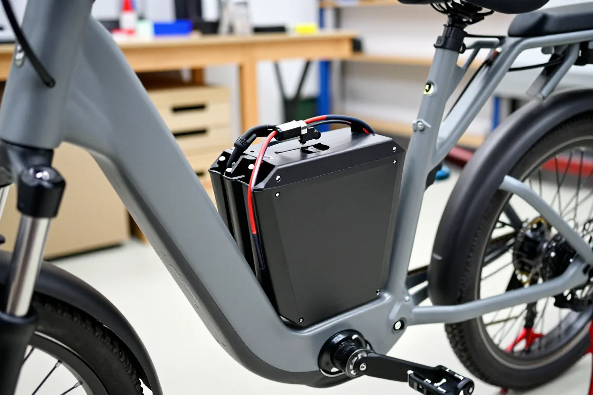 Zbliżenie na system zarządzania baterią roweru elektrycznego z detalami technicznymi.