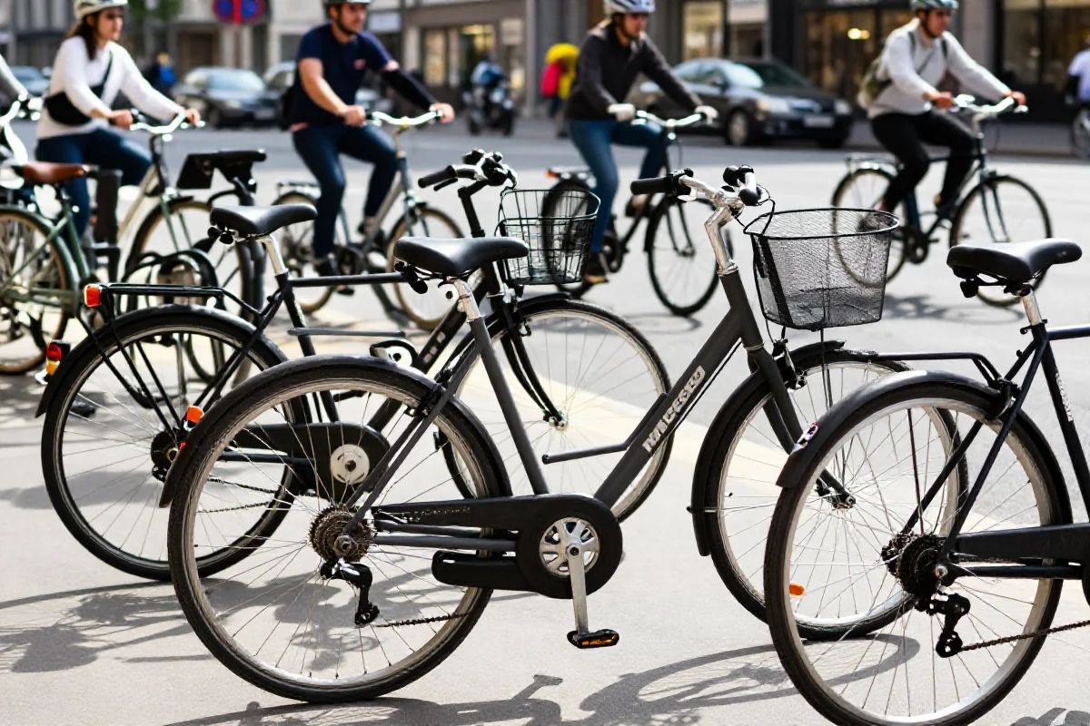 Rower miejski i komponenty w ruchliwej miejskiej scenerii, relacje z kierowcami.