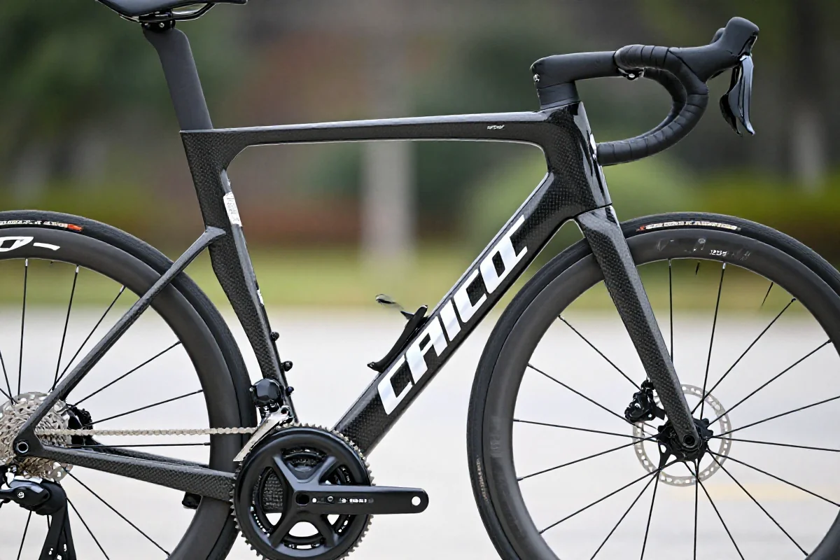 Szczegółowe zdjęcie ramy roweru szosowego z włókna węglowego.