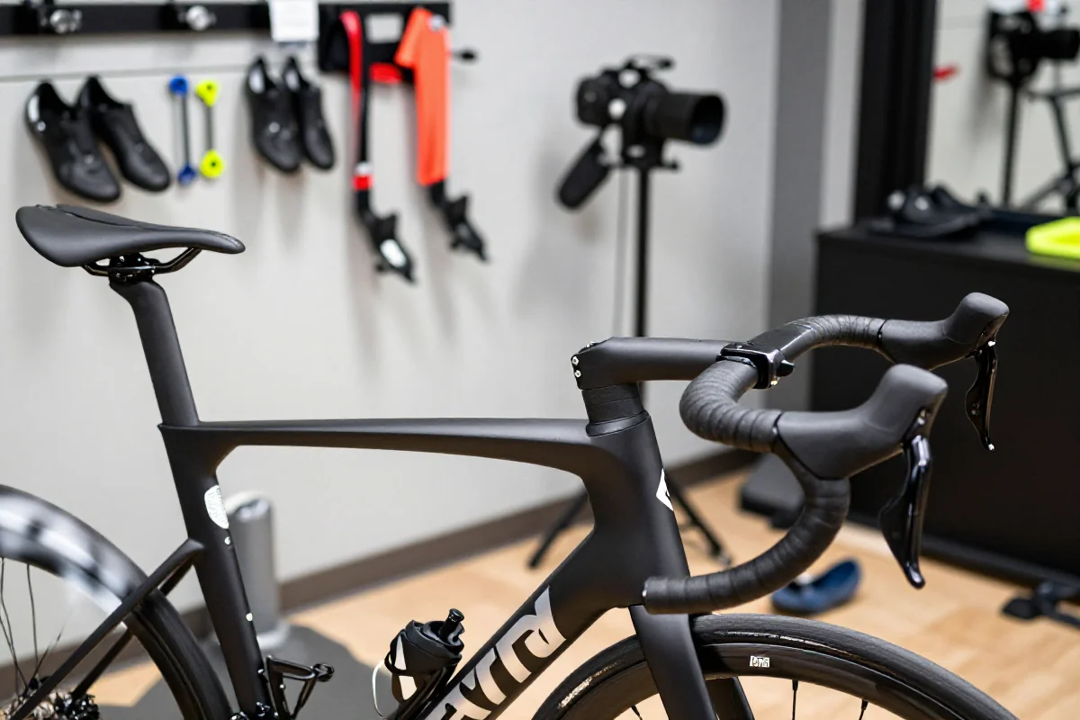 Profesjonalne dopasowanie roweru w studio fittingowym, detal siodełka i kierownicy.
