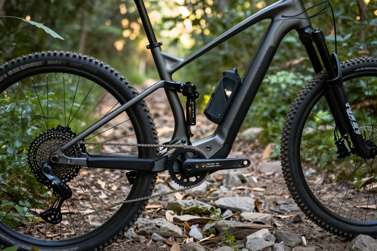 Ultralekki rower elektryczny górski na szlaku, z ramą z włókna węglowego.