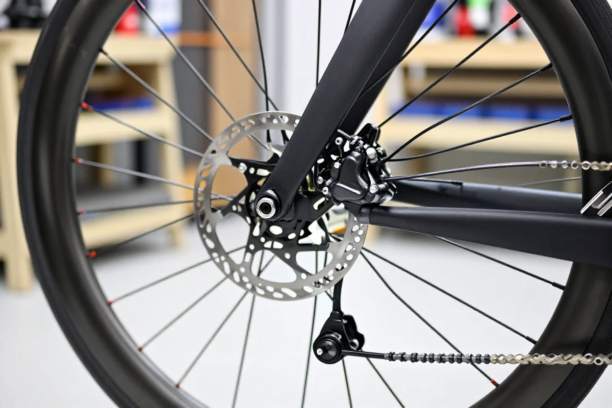 Widok bliski systemu hamulców szczękowych na rowerze szosowym.