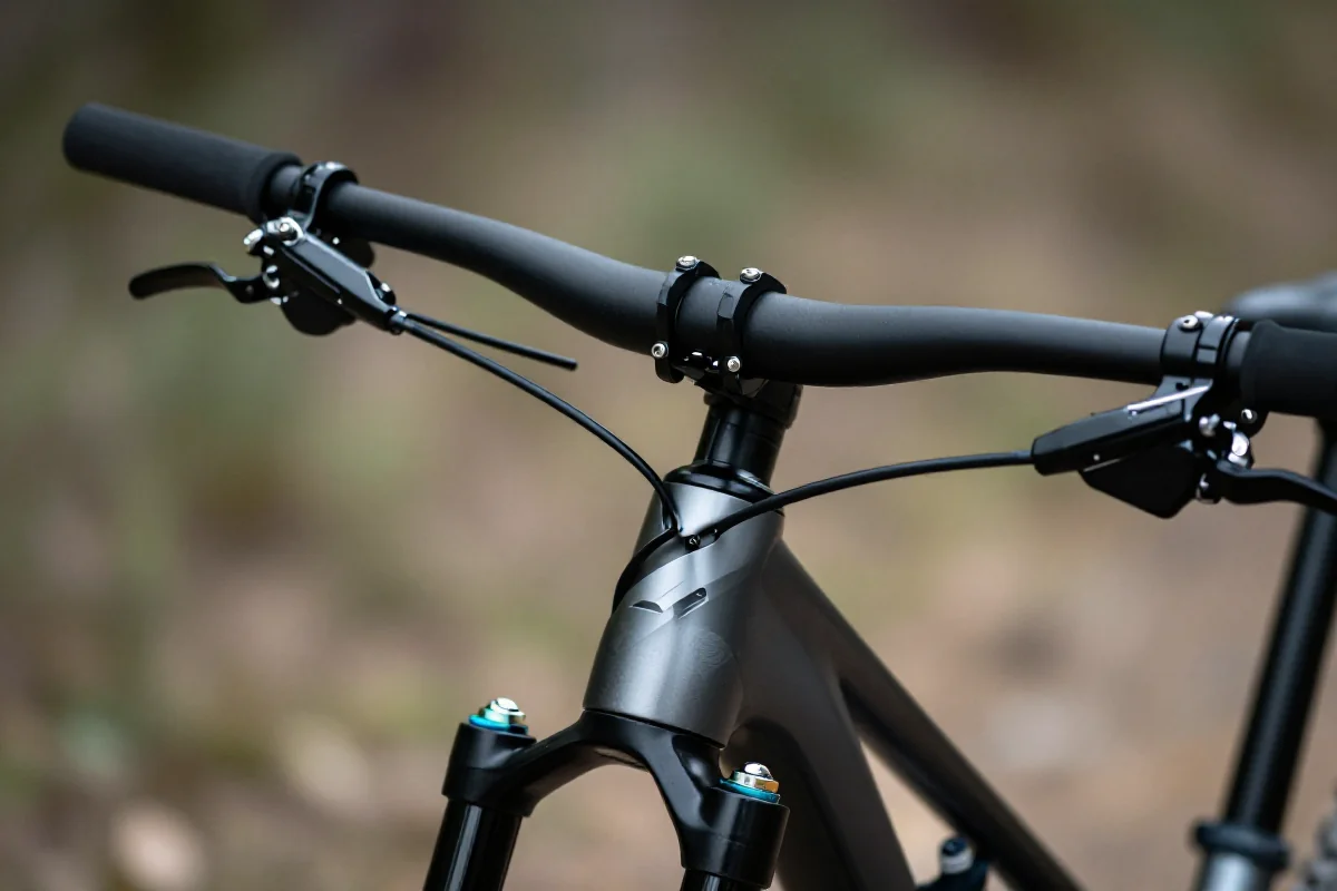 Nowoczesna kierownica roweru górskiego z detalami rise i sweep.