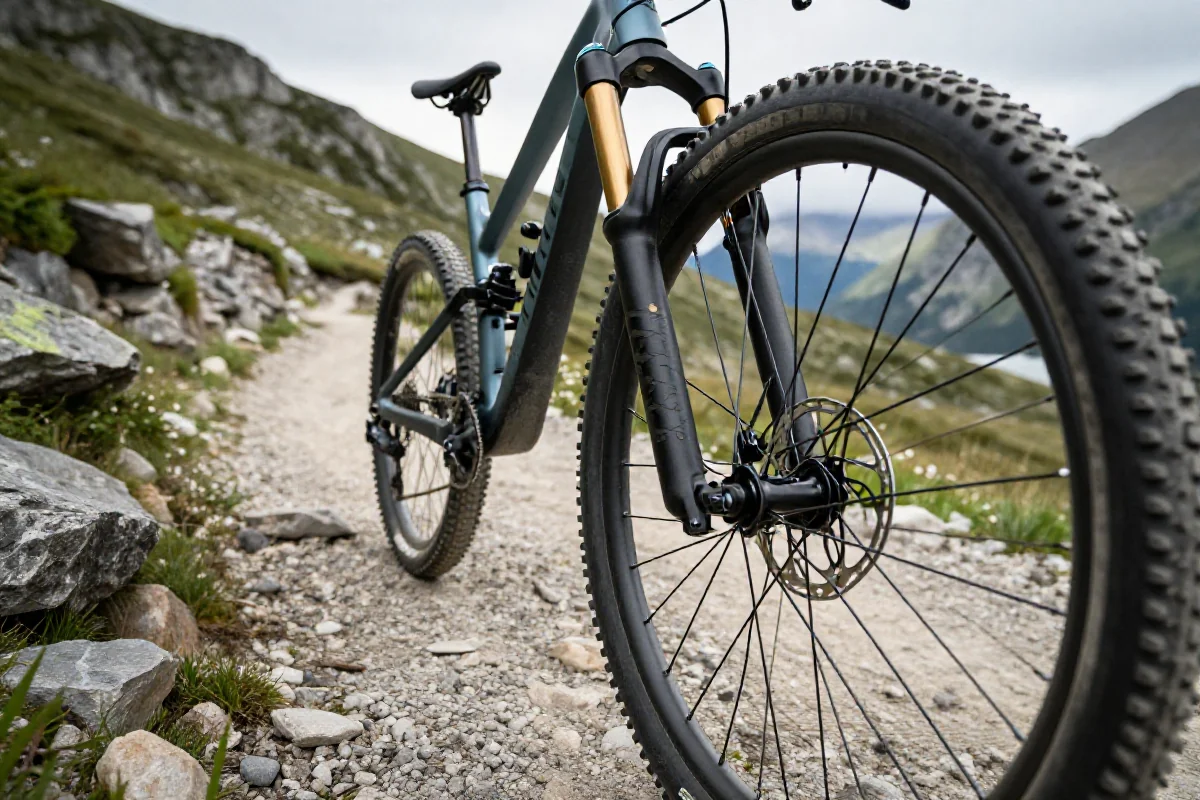 Szczegółowy widok na komponenty roweru górskiego na szlaku MTB.