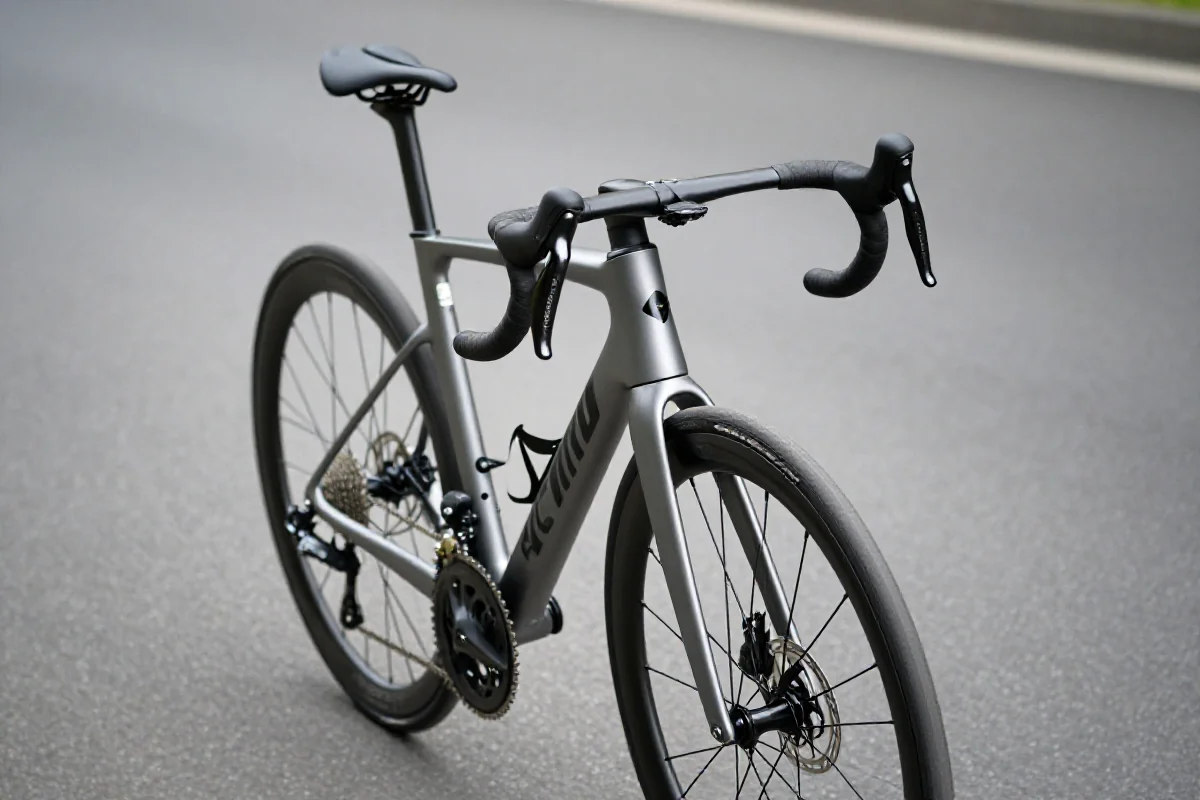 Rower szosowy z lemondkami na asfalcie, idealny do wyścigów czasowych.