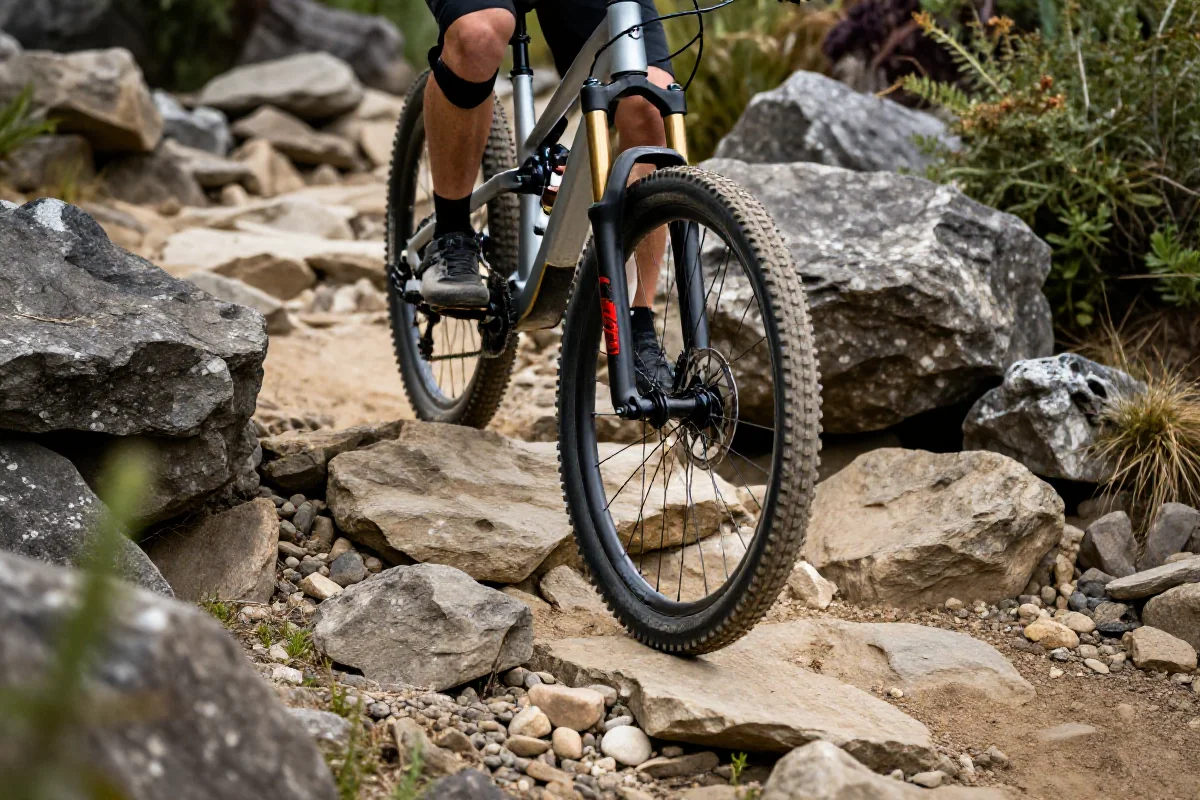 Rower górski pokonujący trudny odcinek w ogrodzie skalnym.