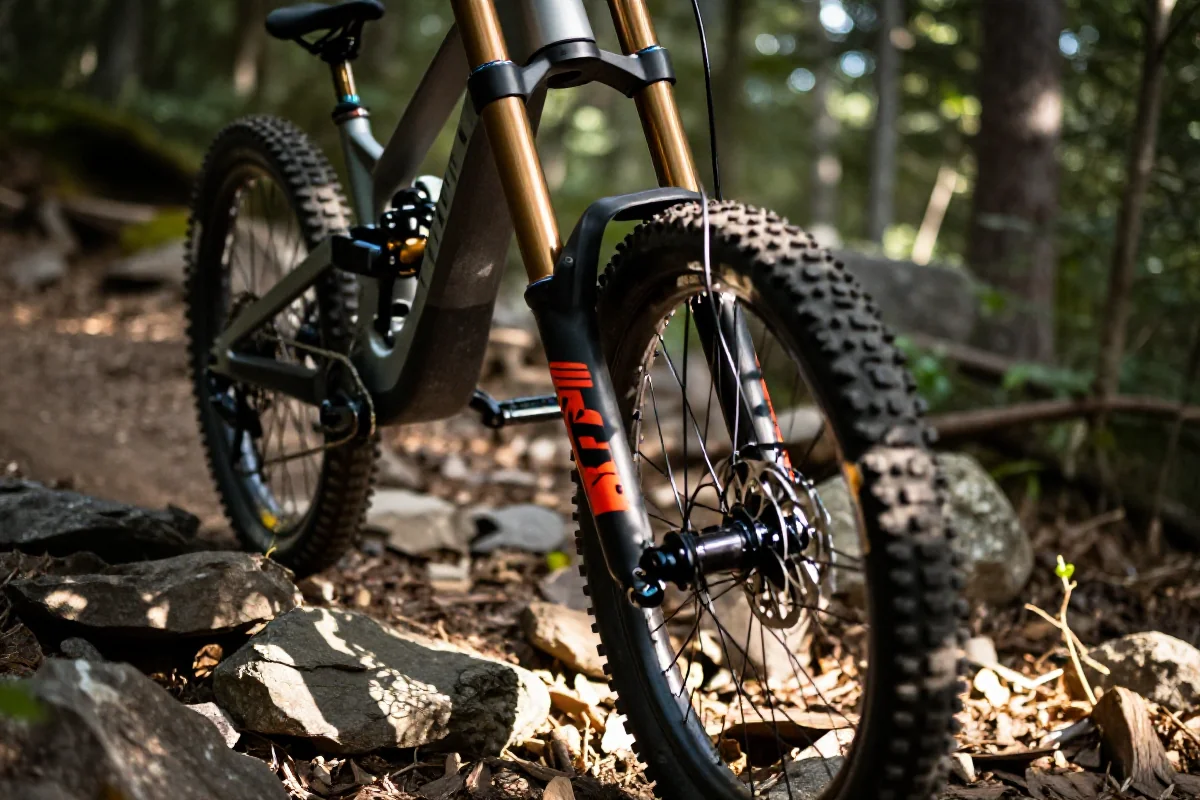 Widelec amortyzowany do roweru enduro na kamienistej trasie w lesie.