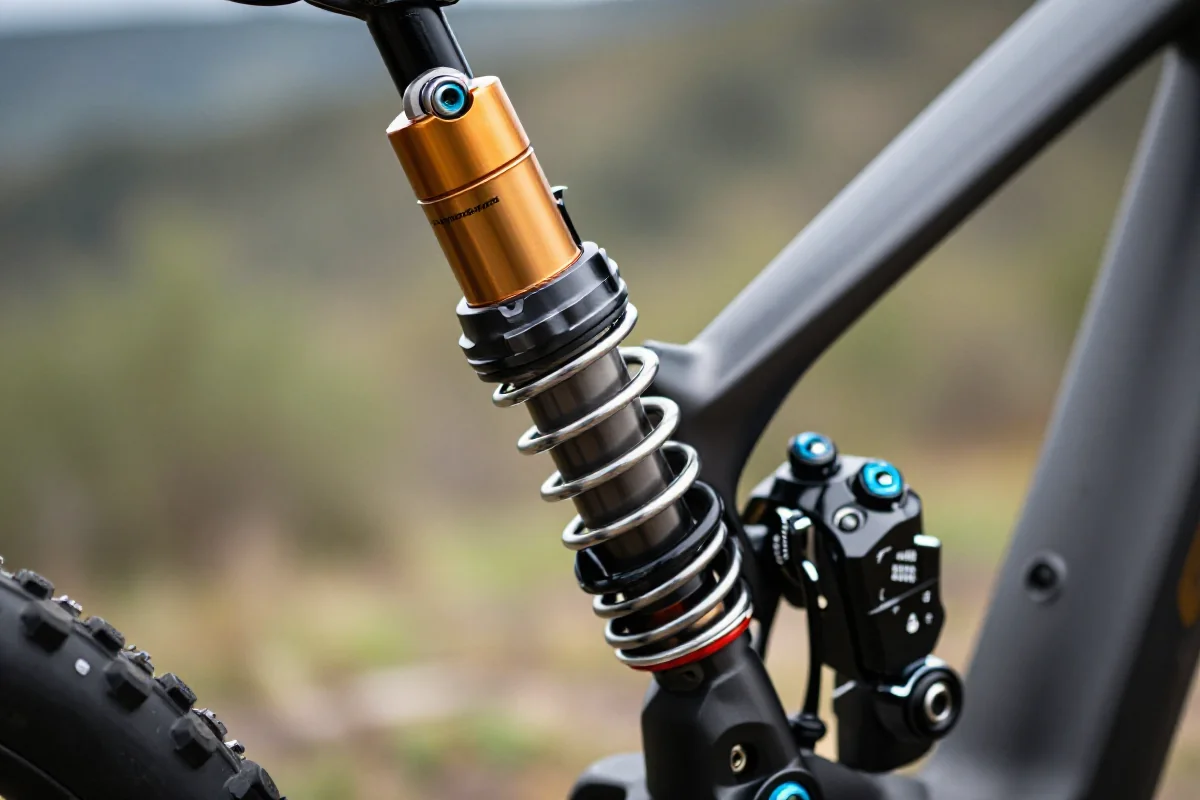 Amortyzator enduro z widocznymi detalami technicznymi i regulacyjnymi.