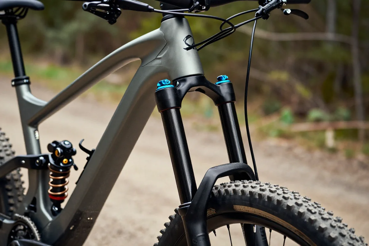 Szczegółowy widok widelca rowerowego na tle leśnego szlaku MTB