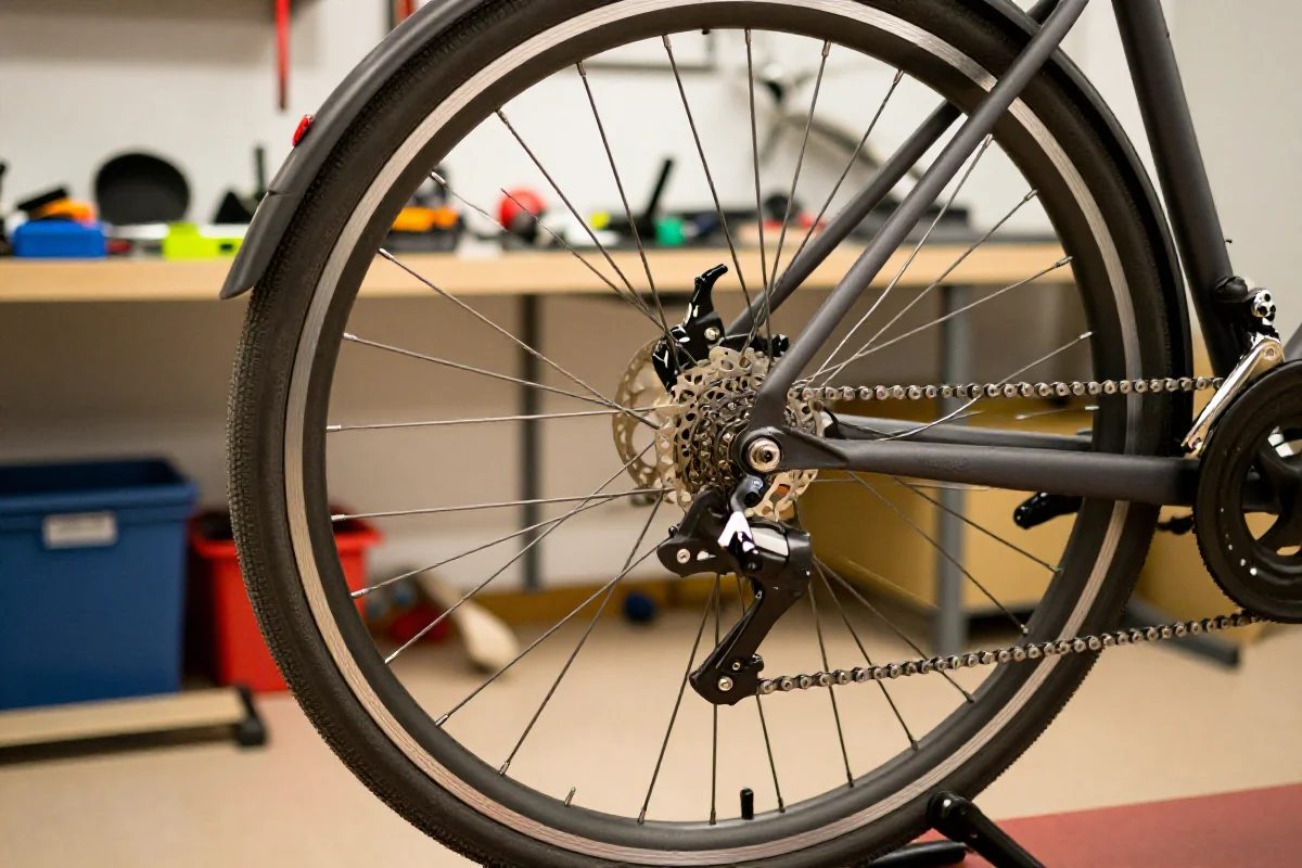 Zbliżenie na komponenty roweru miejskiego w warsztacie, koncentrując się na konserwacji.