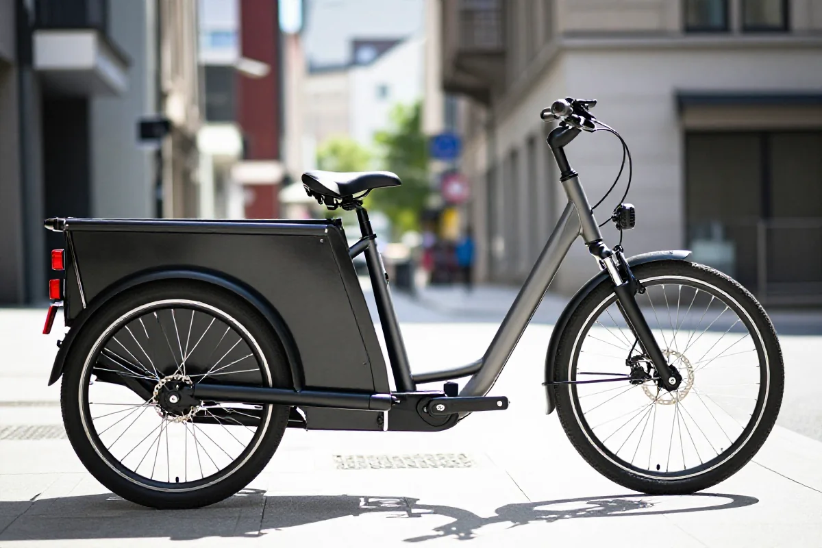Rower cargo dwu-kołowy long tail w miejskim otoczeniu z dużym bagażnikiem.