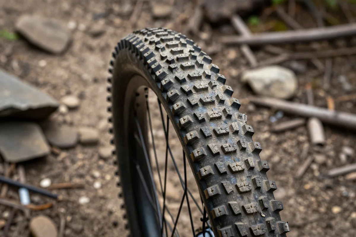 Opona roweru górskiego na trudnym terenie, podkreślająca różnorodność nawierzchni MTB.