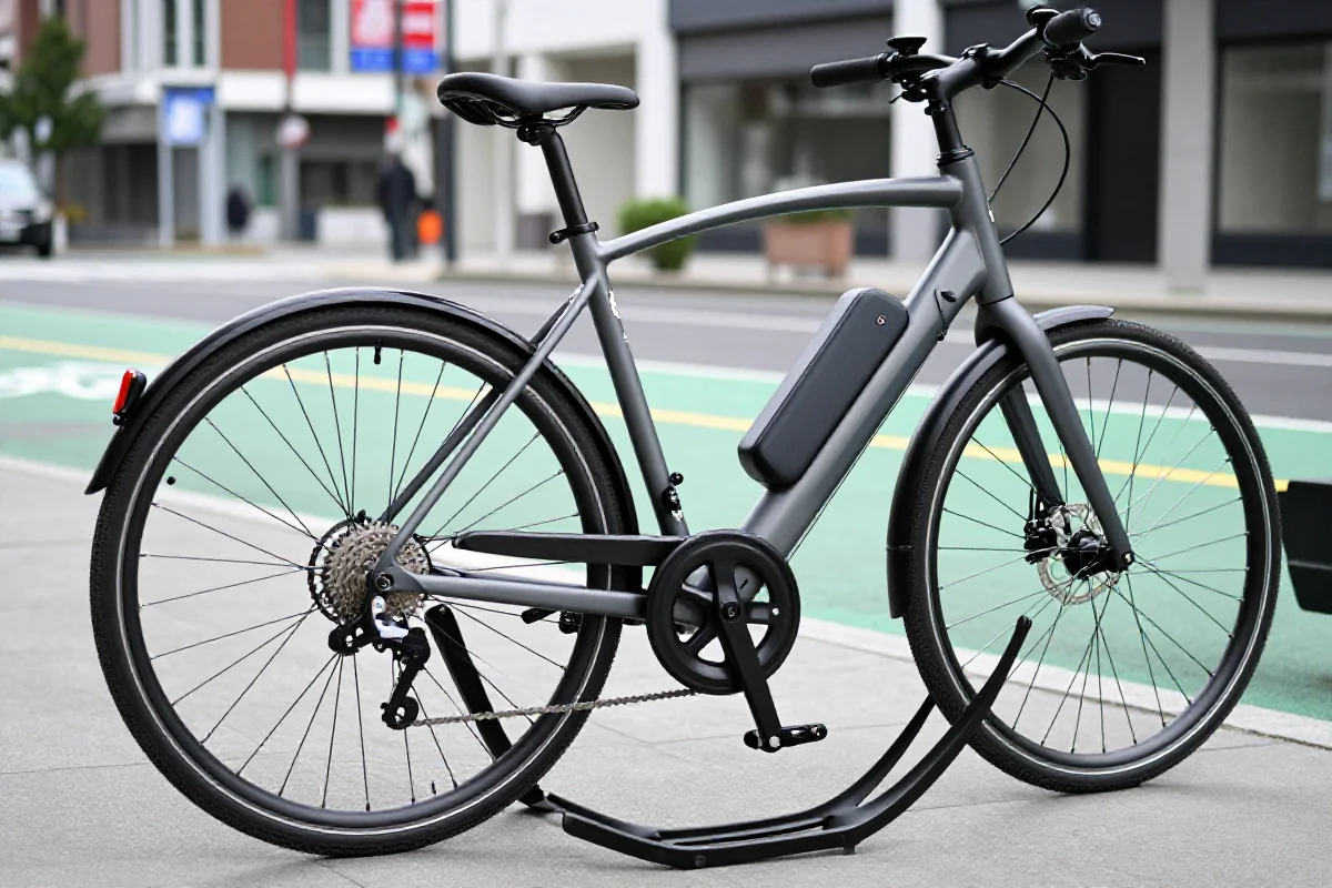 Nowoczesny rower elektryczny w miejskim otoczeniu, idealny dla transportu publicznego.