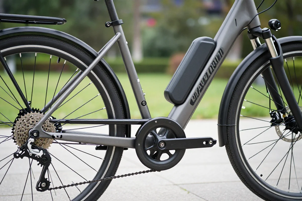 Szczegółowy widok na komponenty roweru elektrycznego w naturalnym otoczeniu.