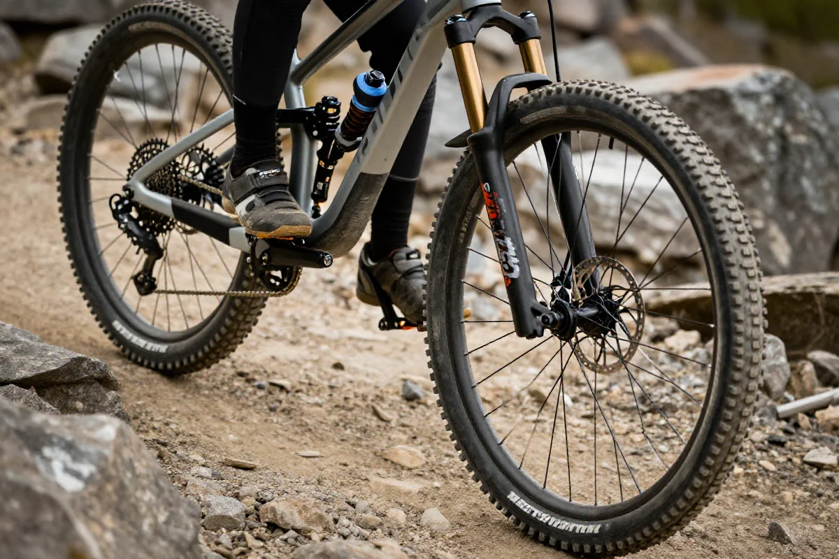 Bliski widok na rower górski na skalistej trasie, skupiony na technice jazdy.