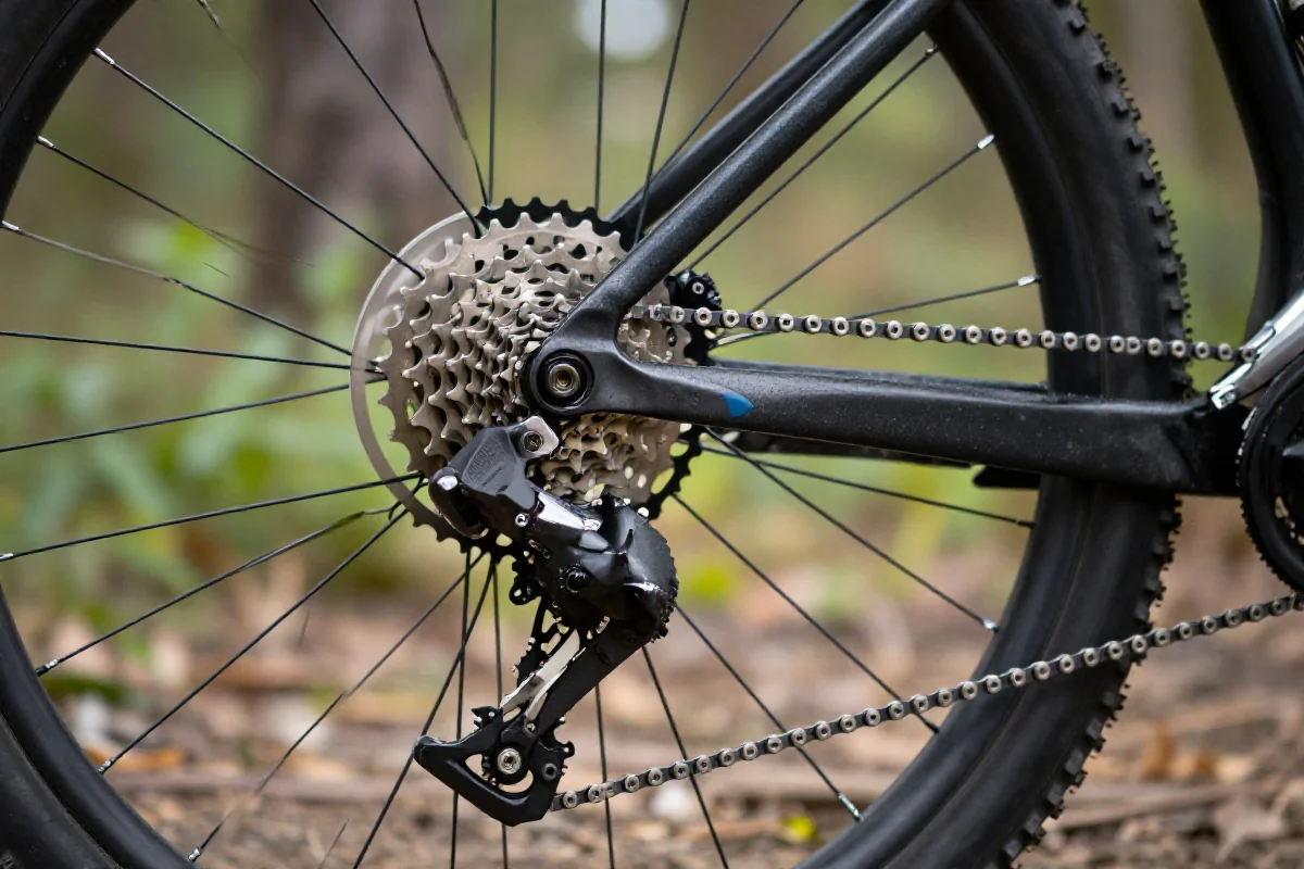 Zbliżenie na system biegów roweru górskiego w naturalnym otoczeniu.