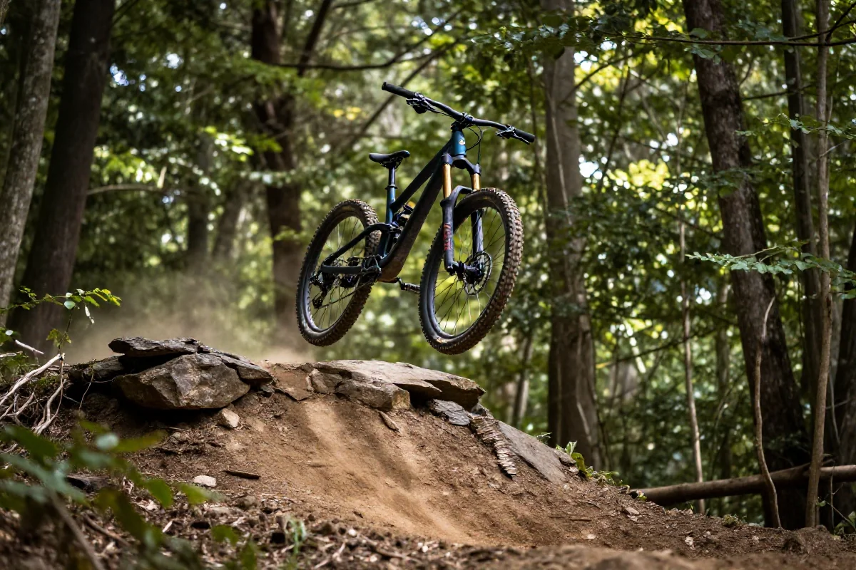 Rower górski na dropie w lesie, techniki jazdy MTB, zjazdy