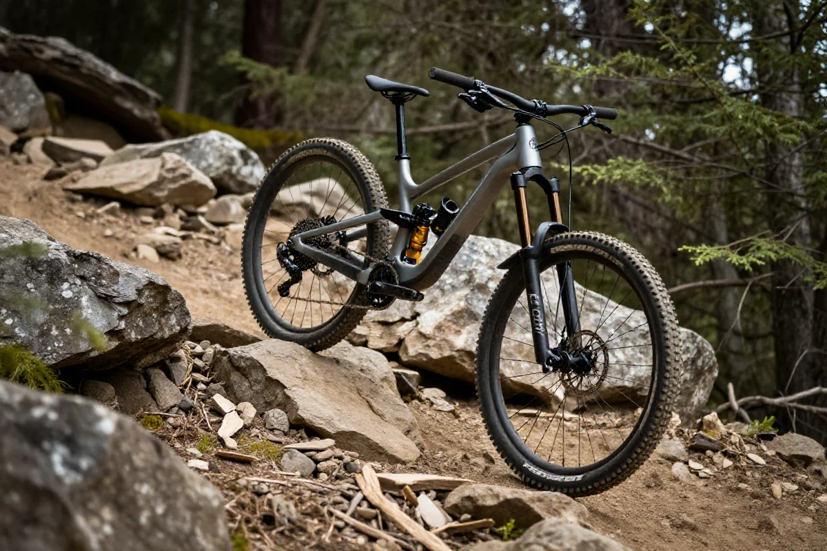 Nowoczesny rower górski przejeżdżający przez kamienisty teren w lesie.