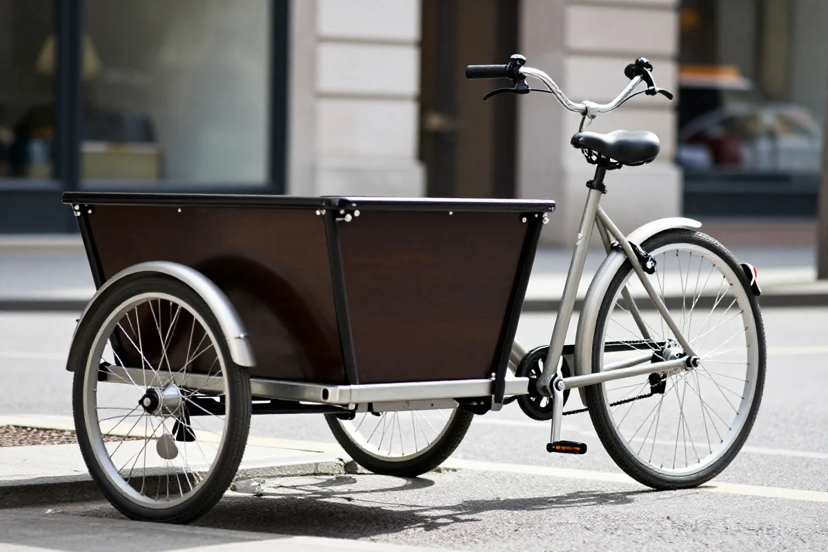 Dwu-kołowy rower cargo na miejskiej ulicy, idealny dla rodzin.